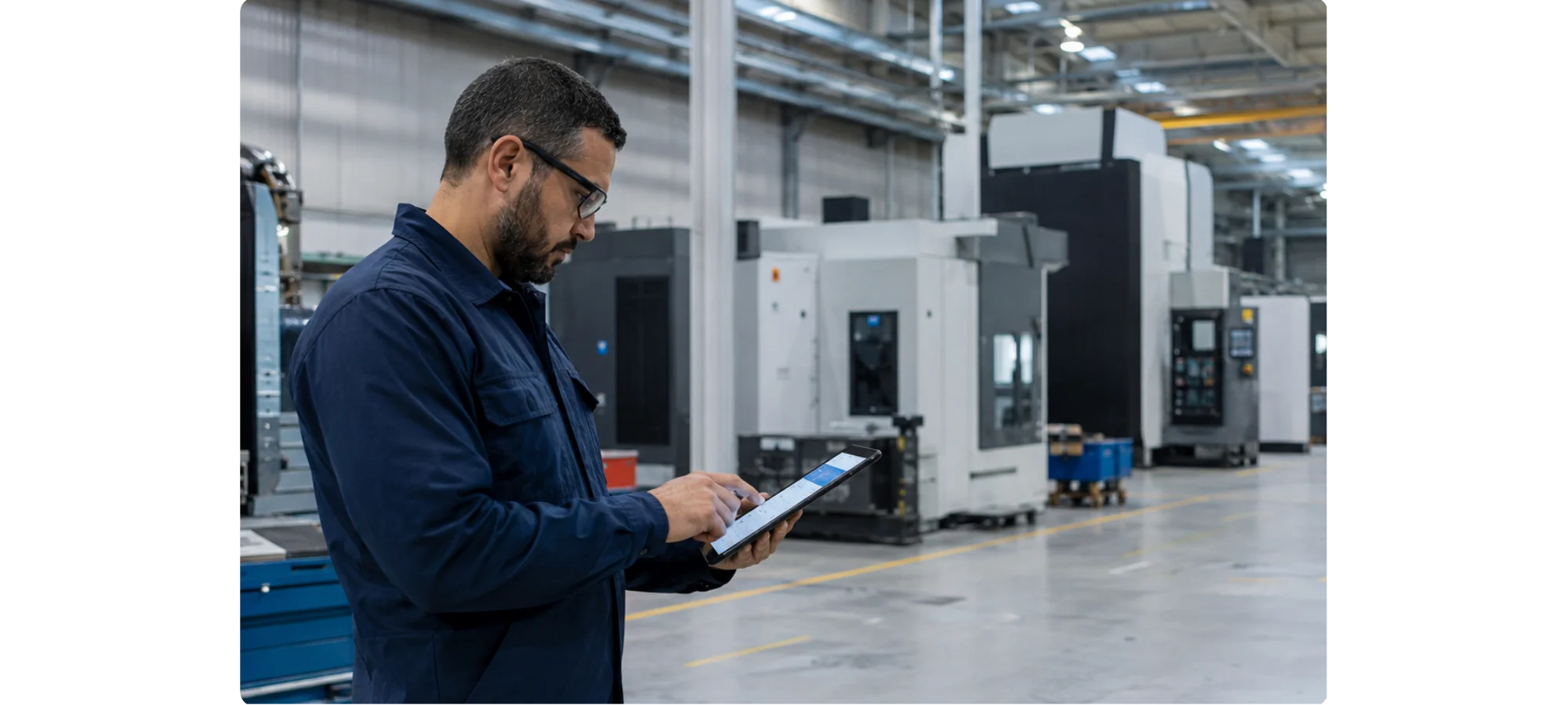 Profissional industrial analisando equipamentos e dados